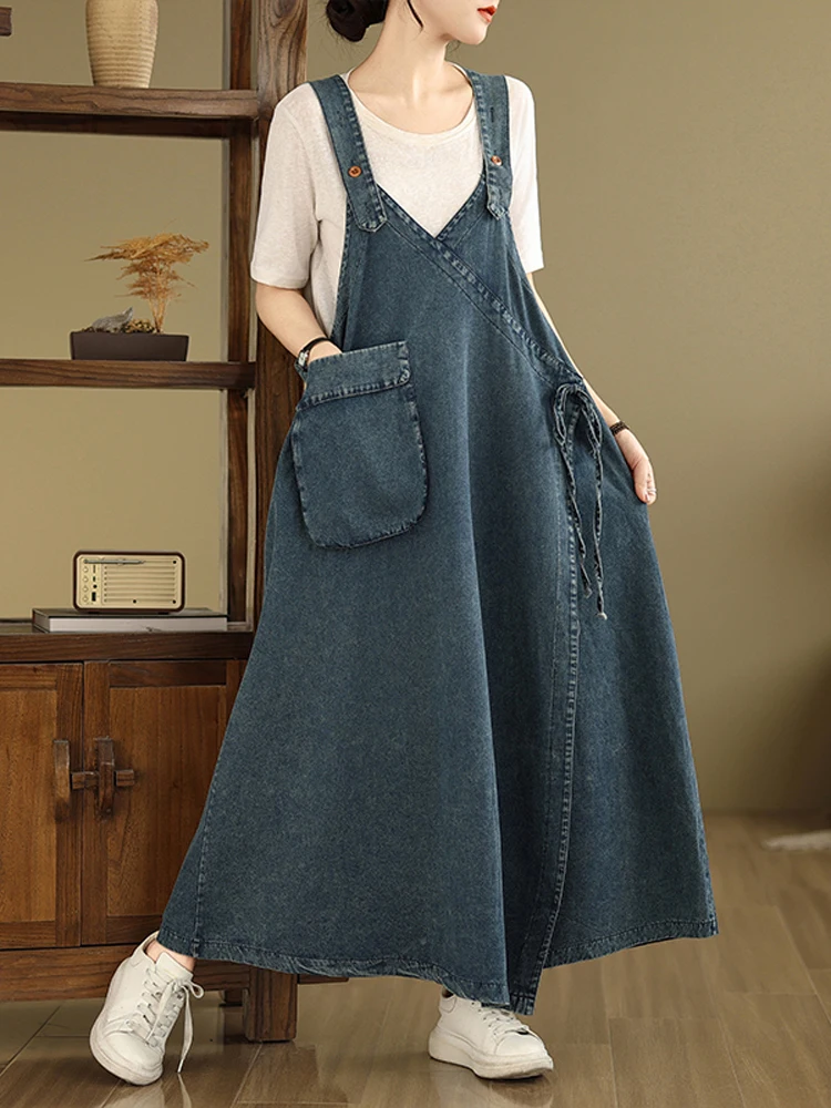 NYFS خمر حجم كبير فستان بحزام الدنيم بلون فضفاض حبال فستان طويل رداء Elbise موضة ربيع الخريف فستان المرأة #3