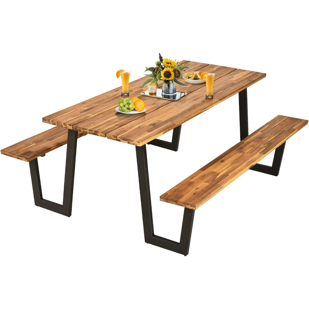 

Picnic Table Bench Set, Outdoor Picnic Table with Umbrella Hole, Metal Frame, 70” Patio Acacia Table and Bench Set for Backyard,