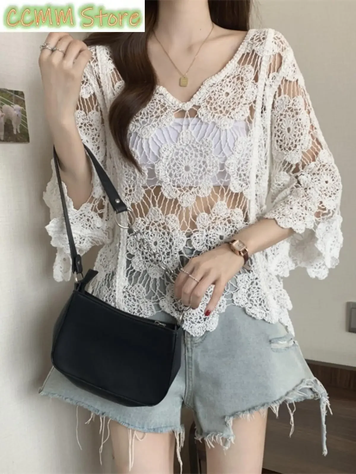 Top de punto calado de encaje para mujer, Top de verano talla ort plus transparente coreano Sle V Ne Long Sve, suave y cómodo