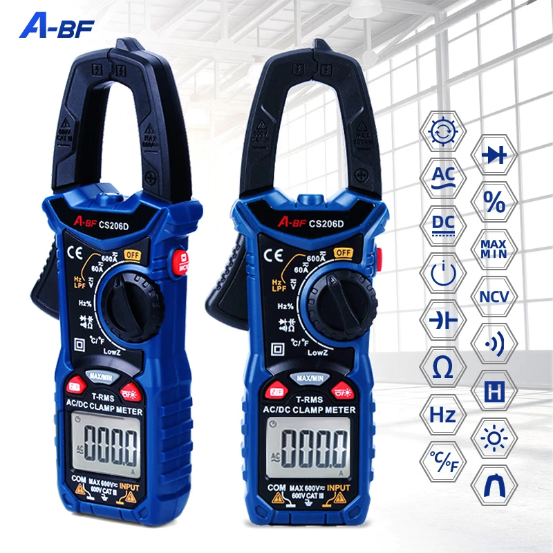 A-BF Digital AC/DC Clamp Meter True RMS Auto Range Multimeter MAX/MIN NCV Current Voltage Temp Capacitor Tester CS206B/CS206D