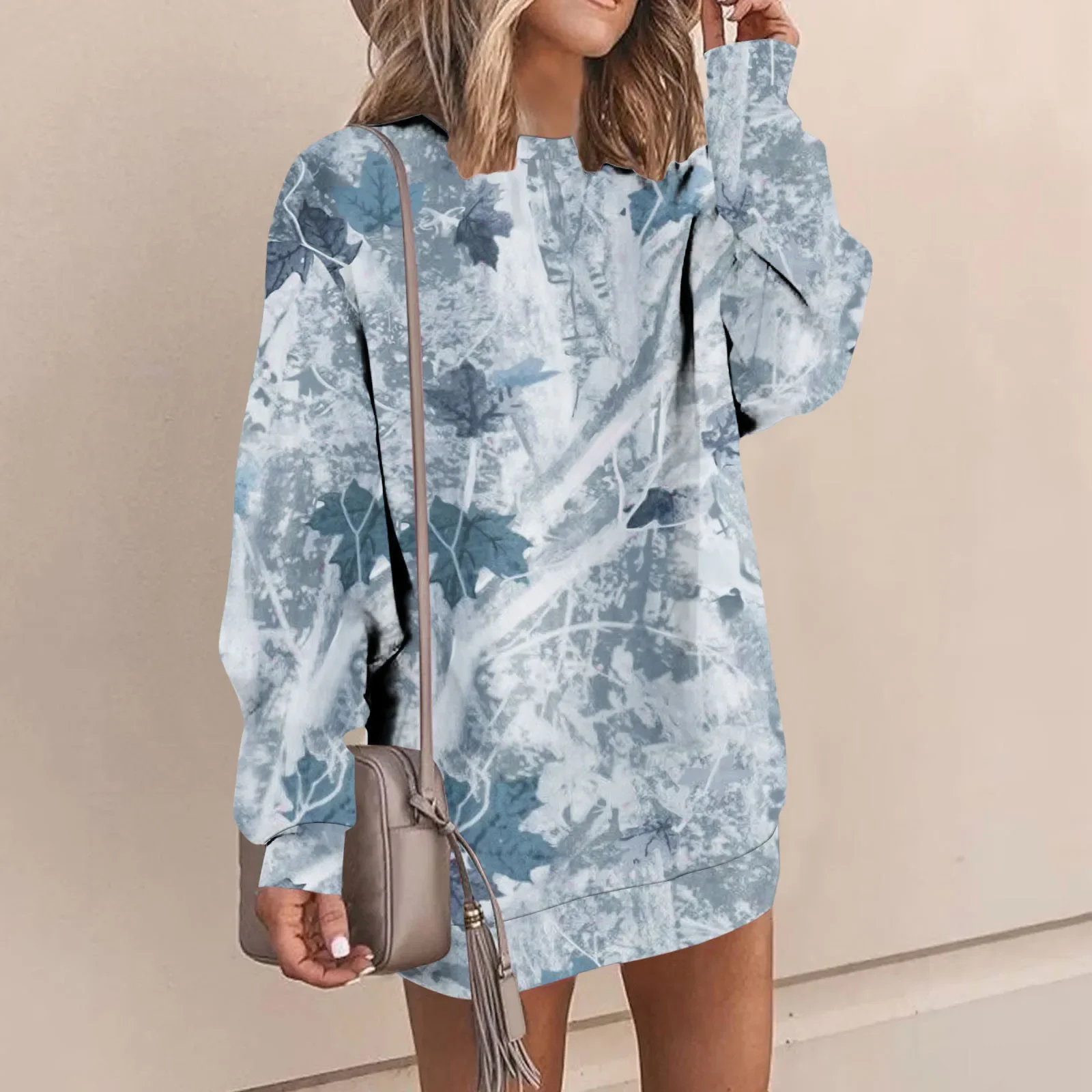 Autumn Long Sleeves Casual Loose Pullover Sweatshirt Dress Women Harajuku Graphic Blouse O Neck Floral Print Ladies Sweatshirt