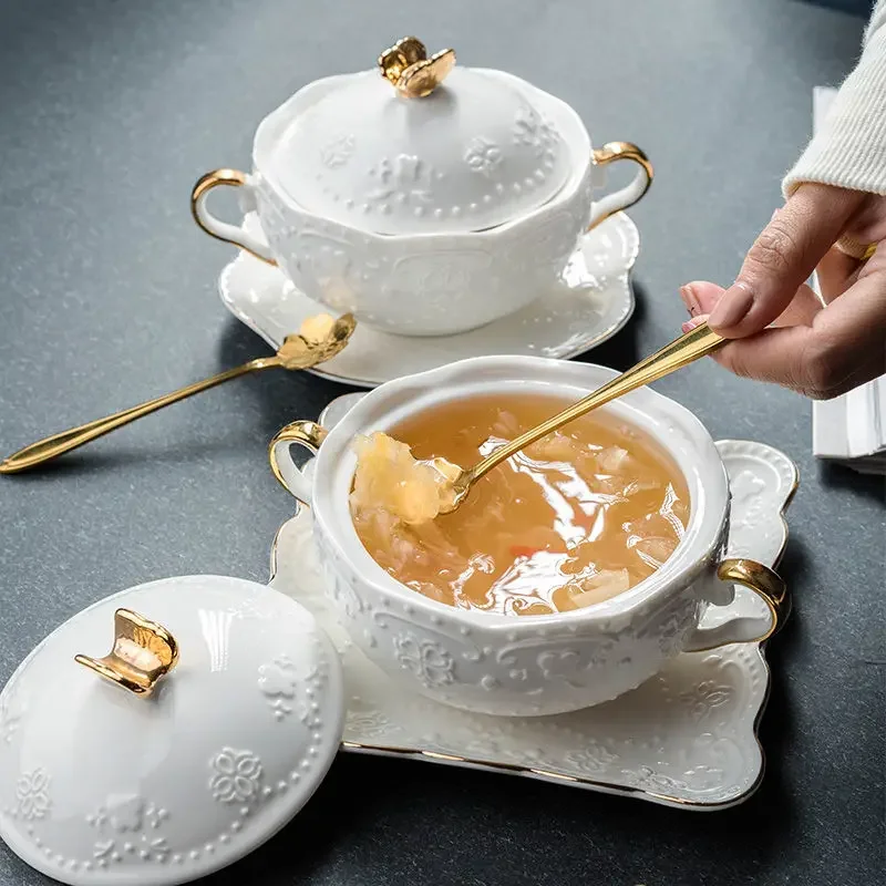 Bird's Nest Bowl Dessert Small Tableware Embossed Soup Cup with Lid Ceramic Stew Cup Creative Household Health Bowl Dish Set New