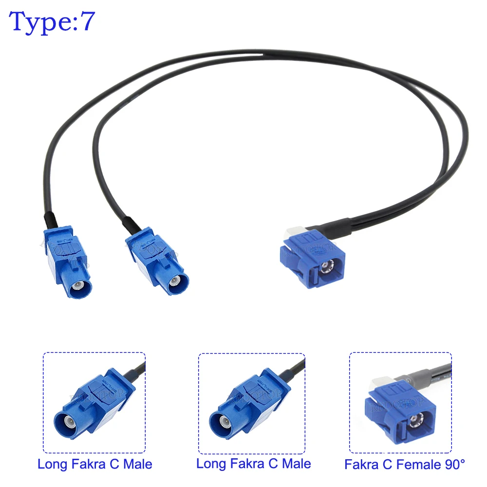 RG-174 Blue Fakra C Female 90 Degree to 2*Long Fakra C Male Connector Splitter Y Shape RG174 RF Coaxial Cable for GPS Navigation