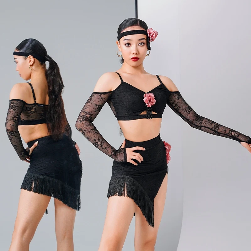 2024 New Adult Latin Dance Costume Female Lace Strap Off Shoulder Top Slanted Half Skirt Set Performance Practice Dress XH1117