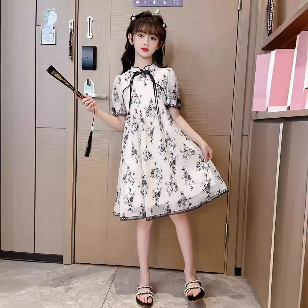 2024 summer Kids Girls spring chinese Cheongsam Qipao Princess Teenager New Year Floral Dresses Clothing  4 7 8 9 10 12 14 Years