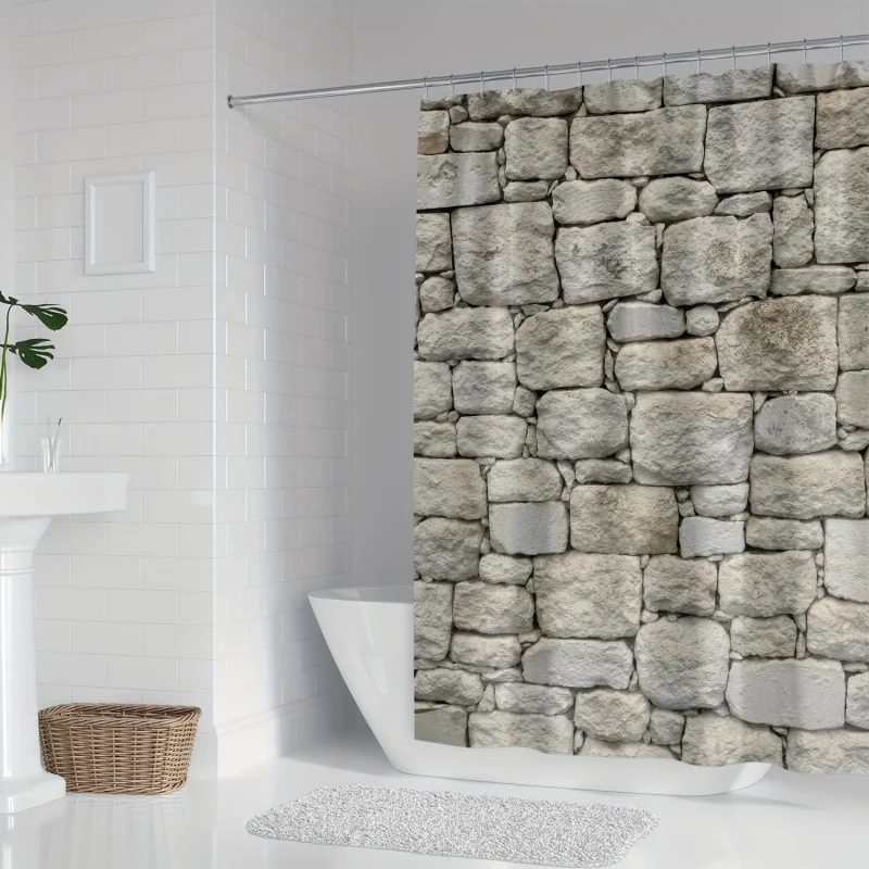 1pc, Stone Wall Design Shower Curtain, Decorative Realistic Modern Art Bath Accessory, Digital Print Bathroom Decor