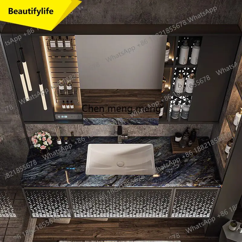

a17 New light luxury hotel style bathroom cabinet combination luminous door panel bathroom washstand
