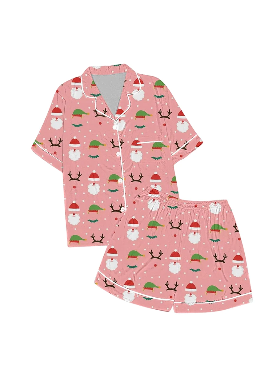 Women Christmas Pajamas Set, Santa Claus Tree Print Short Sleeve Button Closure Shirt with Shorts Sleepwear Loungewear