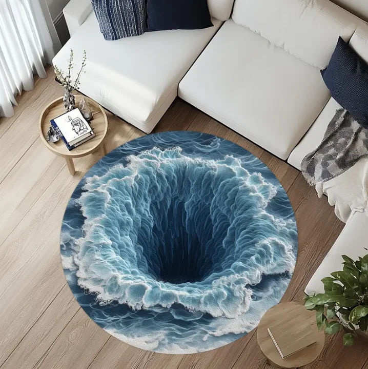 3D Ocean Vortex Round Rug, Deep Sea Illusion Circle Carpet, Fun Poker Lover Gift for Game Room & Living Room, Non-Slip