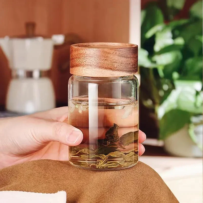 Storage Tank Sealed Jar Household Storage Bottle Wooden Covered Glass Bottle Glass Coffee Bean Storage Tank Food Storage Bottles