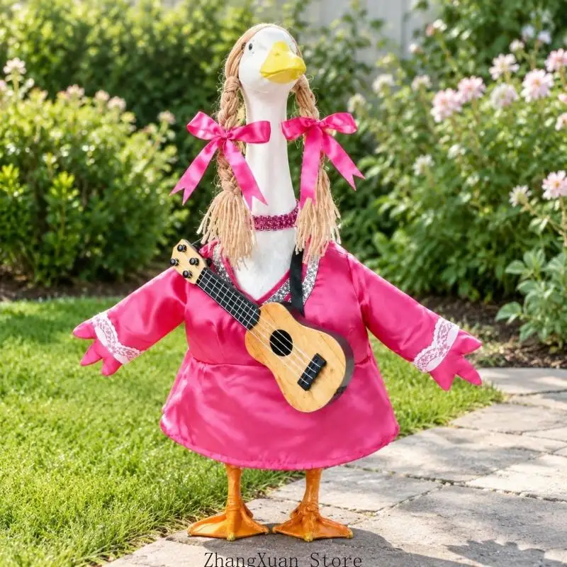 Dreiteiliges Musiker-Kostümset für bestehende Gartenvogelstatue mit Kleid, hellgoldenem Haarteil und Minigitarre 3XUF – Detail 8