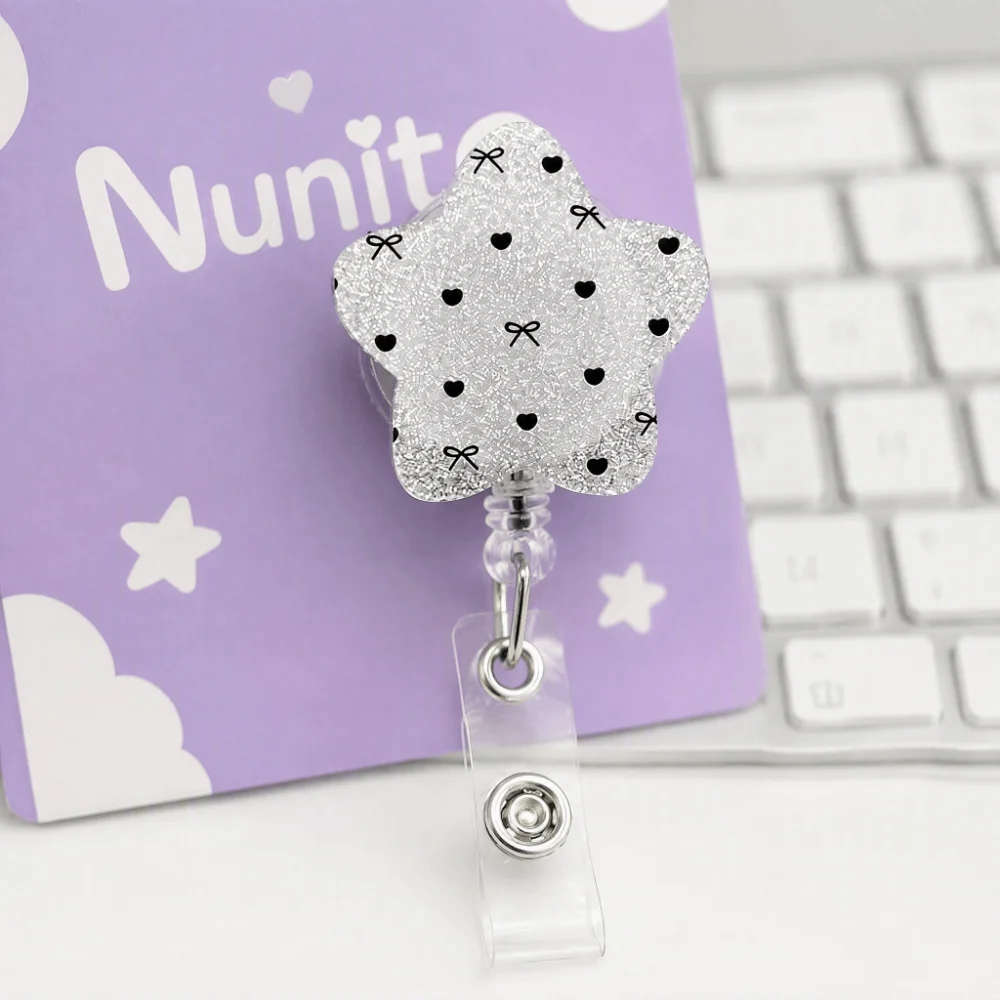 Cute Star Shape Retractable Badge Reel Heart Bow Print Glitter ID Badge Holder Clip Name Card Badge Reel Nurse Doctor Student