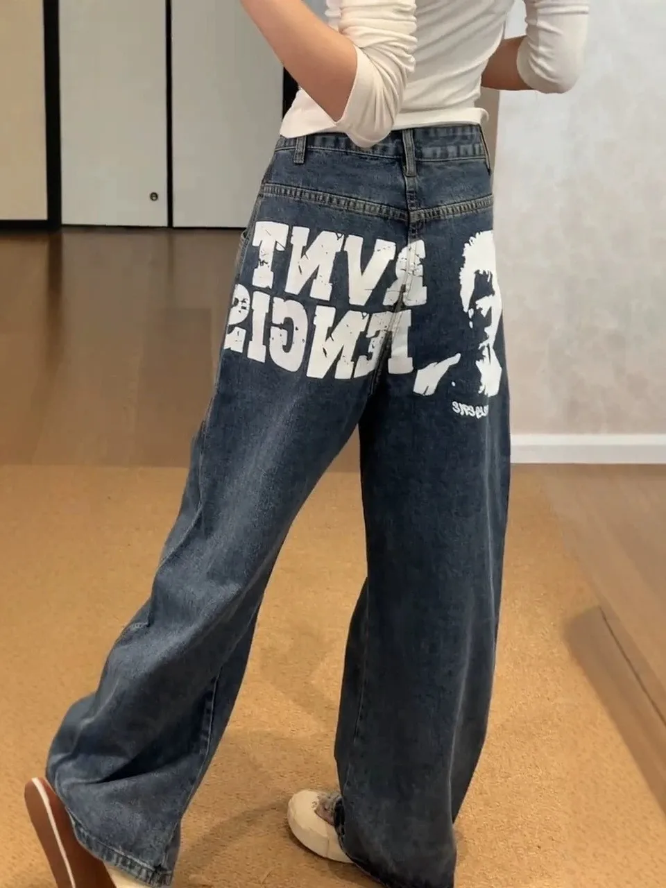 plus Size American Retro Letter Print Denim Pants Women's Loose Slimming Casual Versatile Wide Leg Long Trousers
