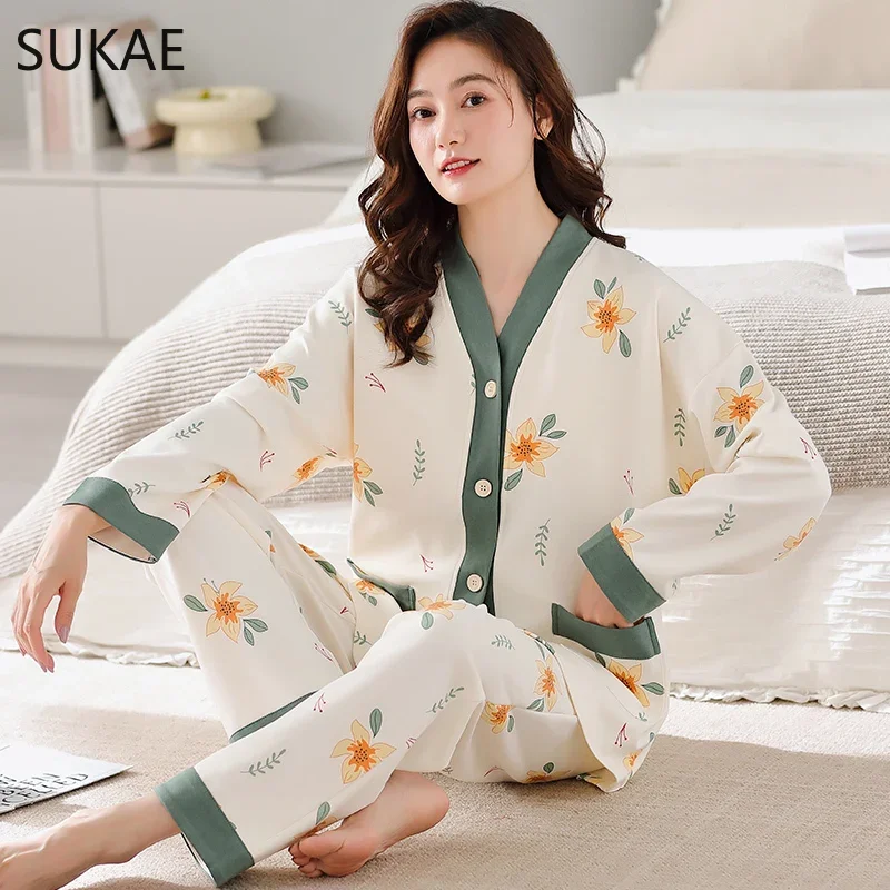 SUKAE New M-5XL Autumn Winter New Cotton Women Pajamas Lady Pijamas Set Loungewear Kimono Cardigan Long Sleeves V-neck Homesuit