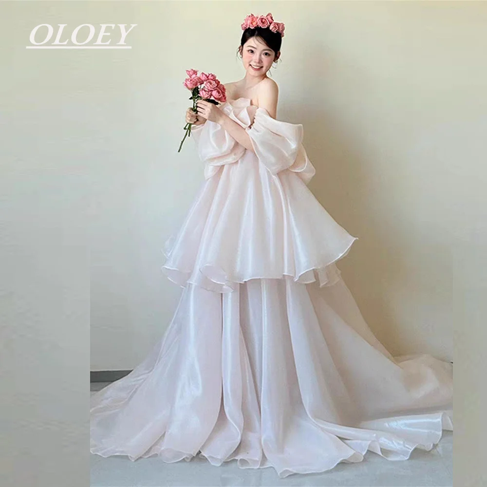 OLOEY Fairy Baby Pink A-line Prom Party Dress Off the Shoulder Silky Organza Korea Wedding Photoshoot Performance Evening Gown