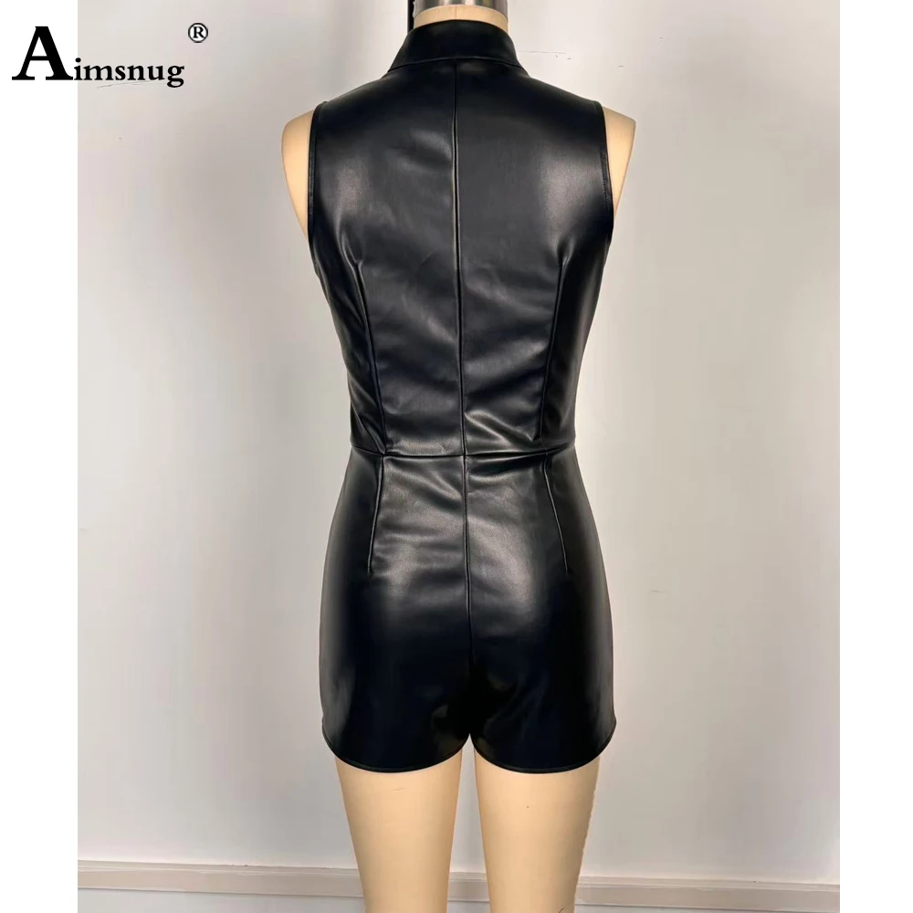 بدلة لعب نسائية عالية القطع بدون أكمام من جلد البولي يوريثان موضة 2025 ملابس داخلية جديدة مثيرة بسحّاب للرقص ملابس نسائية ضيقة من الجلد الصناعي