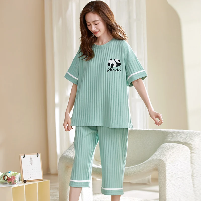Animal Panda Women Pajamas Sets Summer Knit Cotton Sleepwear Short Sleeve Cropped Trousers Pyjamas Female Home Suit M-5XL
