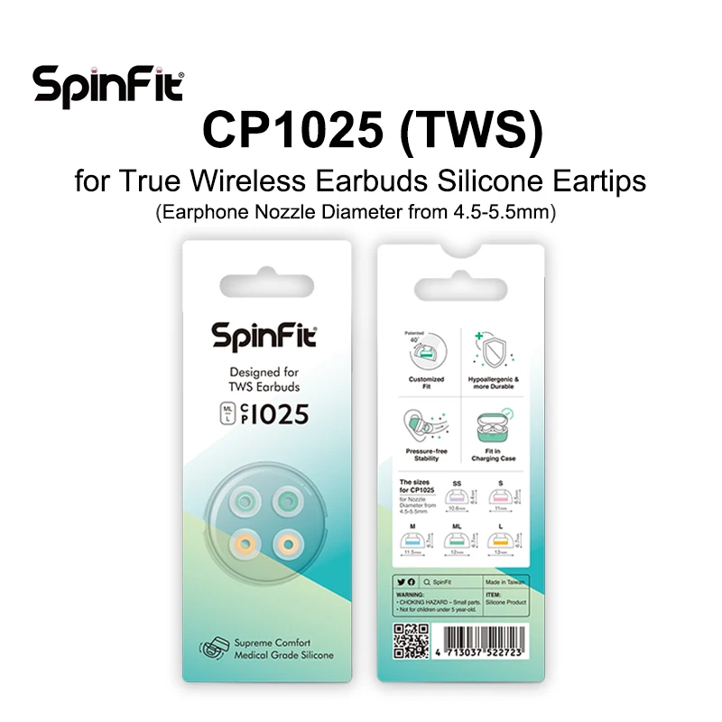 SpinFit CP1025 TWS Silicone Patented Ear Tips Designed for Ture Wireless Earbuds Fits Earphone MTW3 Jabra Elite 7 Galaxy Buds 2