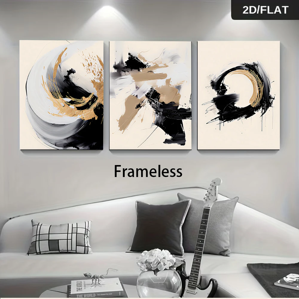 3PCS Large-sized frameless canvas paintings,1 set of black, white, and gold abstract line art, 2D flat design, for home decor, f