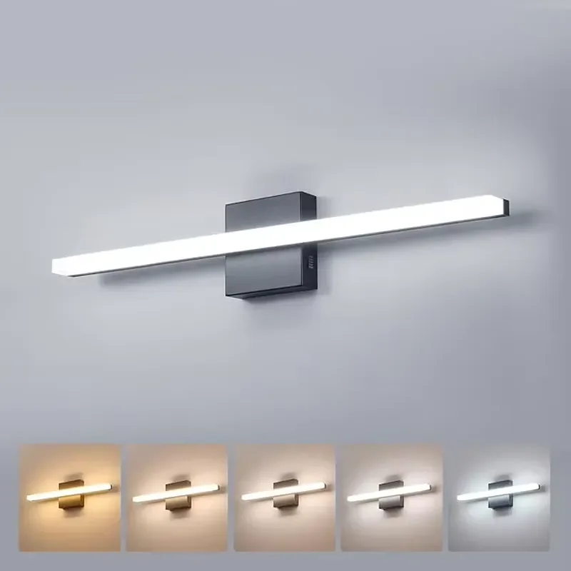 Modern Black Bathroom Vanity Light 5 Color Adjustable Bright Mirror Bar Lighting IP44 Rust Proof Wall Lamp for Bathroom