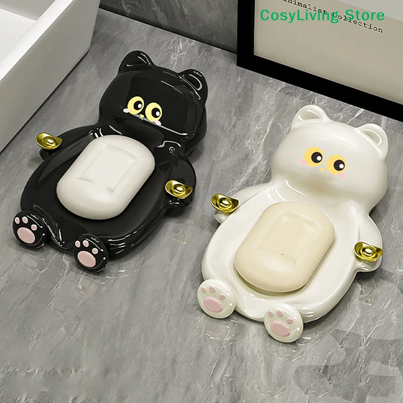 [CL]1Pcs Cute Cat Soap Dish Creative Lucky Cat Soap Box Home Bathroom Soap Draining And Storage Tray Bathroom Accessory[CL]