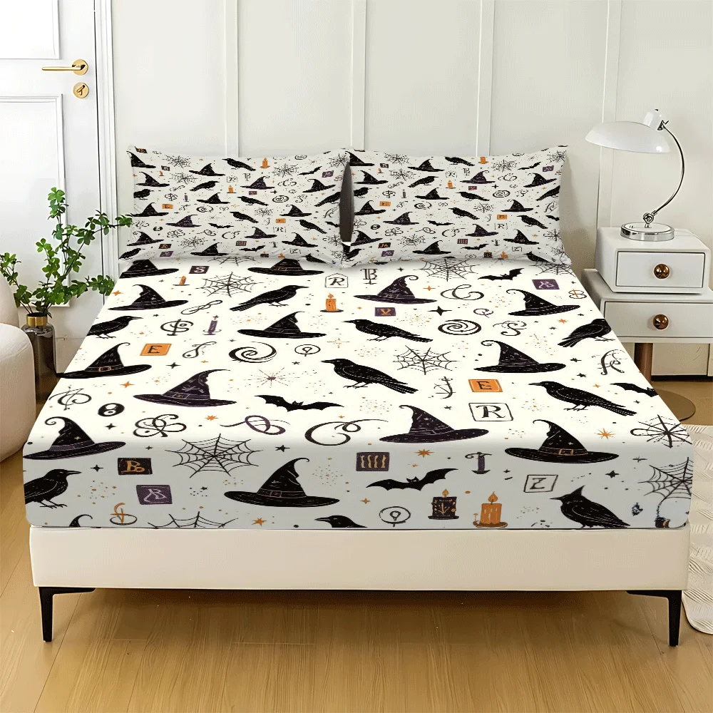 Mattress Protector 2D Flat Printing, Halloween Hat Spider Mattress Cover, Minimalist Style, Mattress Cover Suitable for All Seasons, Machine Washable, Suitable for Home, Dormitory, Master Bedroom, Guest Room, Soft and Skin-Friendly, Dust-Proof and Mite-Proof, High Elasticity Fit, with Pillowcase, Holiday Decoration