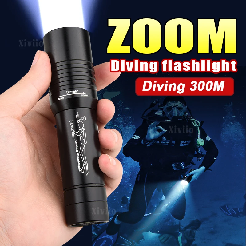 Zoomable Diving Flashlight IPX8 Waterproof Dive Lights Flashlight Portable 300M Underwater Diving Torch Hunting Lantern Fishing