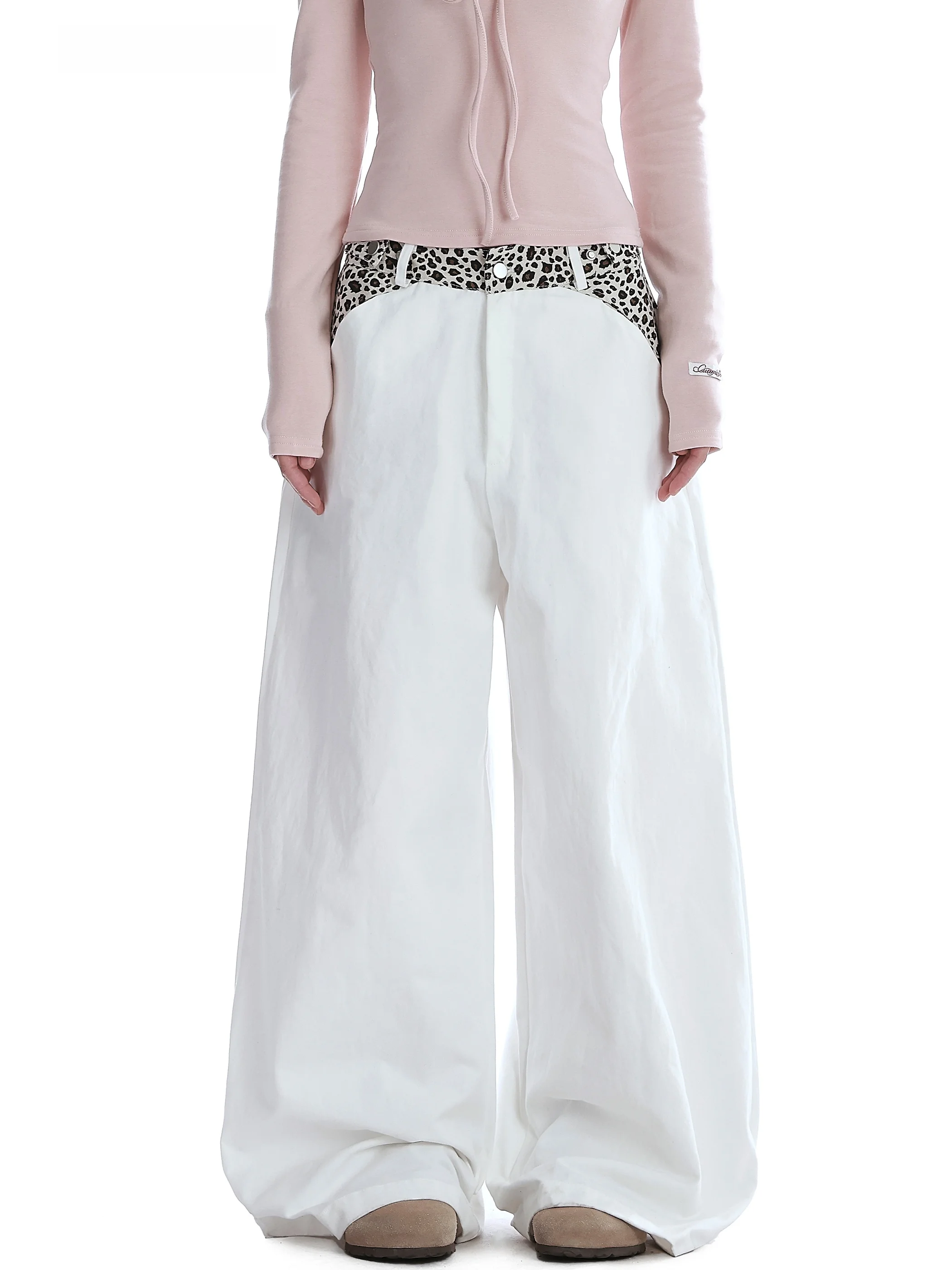 

Американские повседневные джинсы с леопардовым принтом и пэчворком, женские модные прямые брюки с высокой талией, широкие брюки в пол