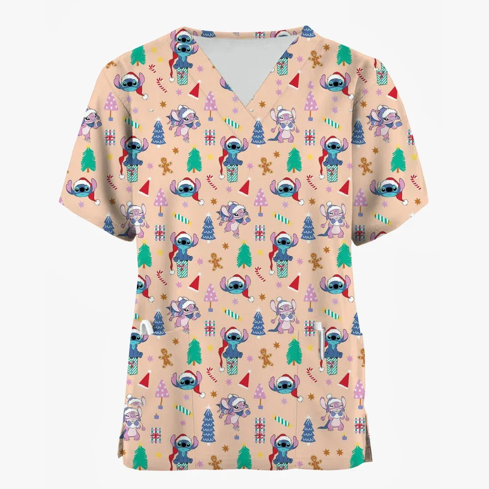 

Lilo & Stitch, рождественская женская новая больничная форма медсестры с v-образным вырезом, одежда Диснея, рождественский подарок, карманная футболка, униформа