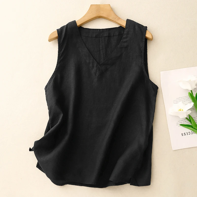 Loose Fit Kwaliteit Katoen Linnen V-Ne Vest Koffie Dunne ort Top Nieuwe Sle Artistieke Veelzijdige Straight Cut Zomer T-shirt