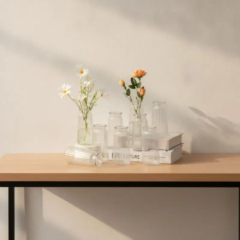 Ribbed Clear Glass Flower Vases Sturdy Textured Surface For Wedding Home Decor Floral Arrangements