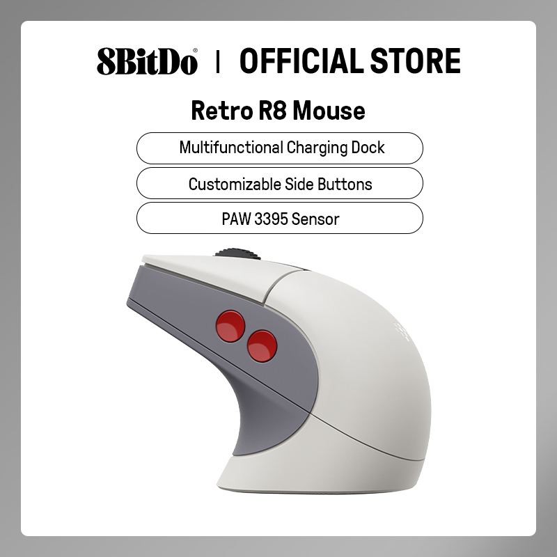  8BitDo Retro R8 Mouse with PAW 3395 Optical Sensor DPI 26K, Wireless 4K Polling Mouse with Charging Dock - N Edition 