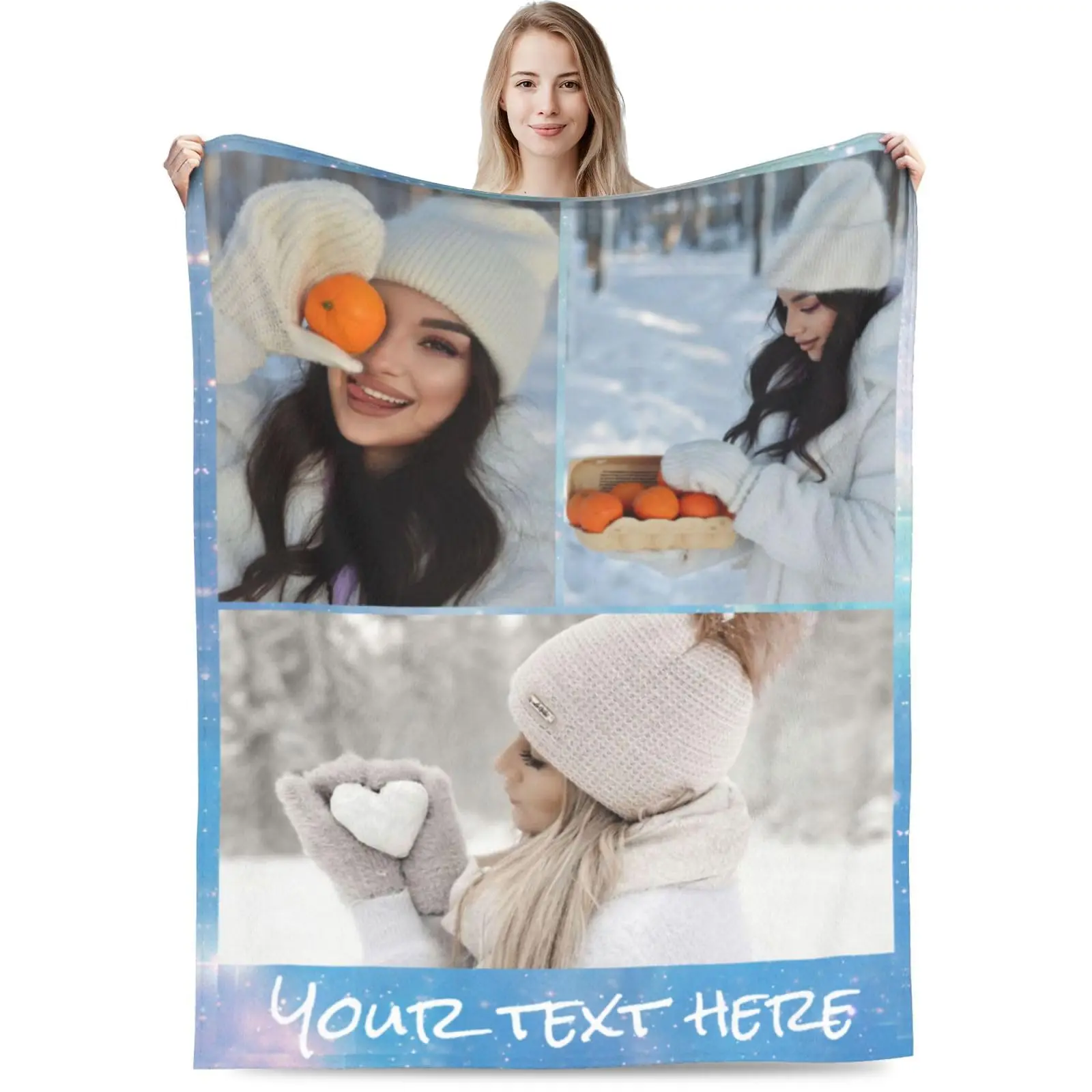 Custom Blanket 3 Photos Printed in USA Personalized Text Customized Blanket for Valentine's Day Gift for Father Mother's Day