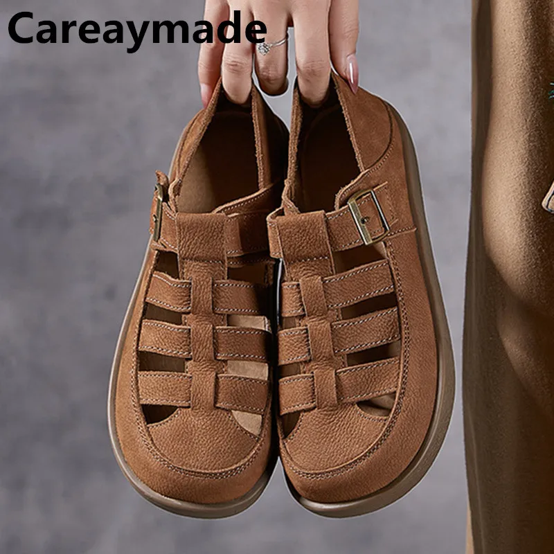 

Careaymade-Genuine leather Pure handmade women's shoes Retro woven hollow pig cage shoes,thick sole Roman Boken women's sandals