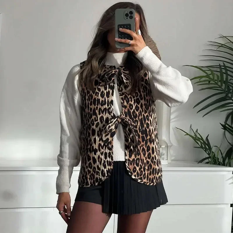 Lamuusaa-Chaleco de leopardo y2k para mujer, ropa sin mangas con cuello redondo, cárdigan con lazo, Tops, ropa estética de los años 2000, ropa de calle