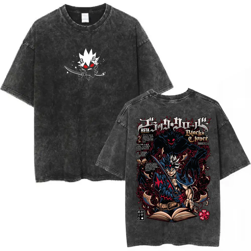 Anime Black Clover Asta Vintage Acid Washed T Shirts Men Women Clothing Fashion T-shirt Casual Short Sleeve T-shirts Streetwear