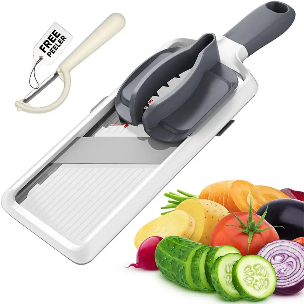 

Adjustable Stainless Steel Mandoline Slicer - Comfort Grip, Safety Features, Easy Clean for Fruits and Vegetables