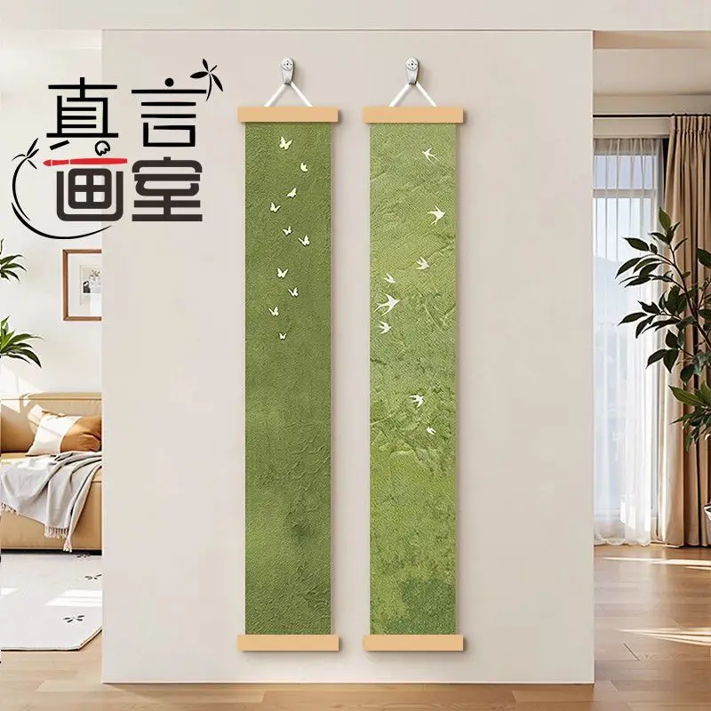 30x120cm Wall Art Green Texture Scroll Hanging, Butterfly Swallow Print Fabric Wall Decor for Living Room Bedroom Entryway Study