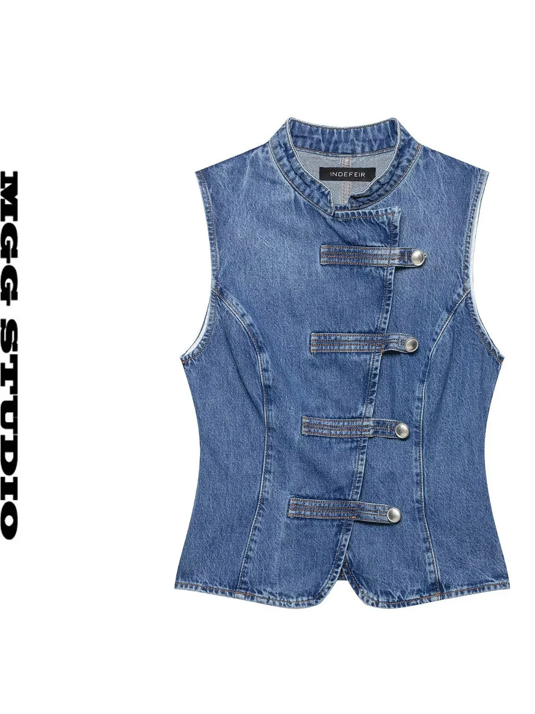 Washed Denim Sleeveless round Neck Vest Women's Outerwear Versatile Knot Buckle Slimming Short Length  Color Top