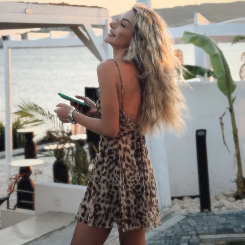 HXAO Mesh Women's Dress Slip Leopard Print Woman Summer Dress Vintage Sleeveless Short Dresses Lace Up Backless Sexy Dress