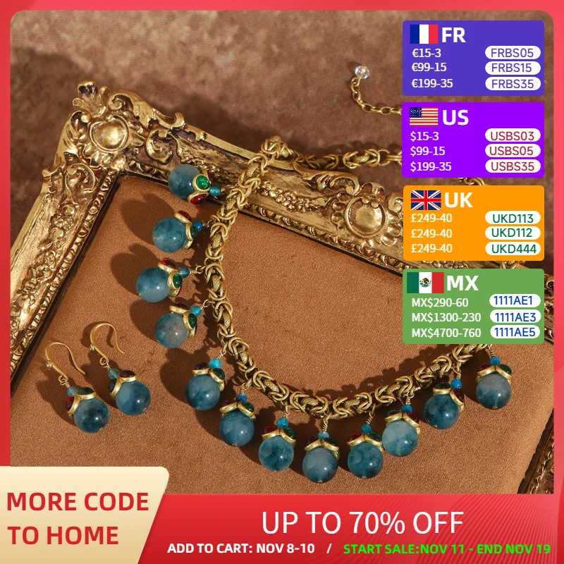 

Retro Blue Jewelry Sets Glass Bulb Beaded Charm Necklace For Woman Rhinestones Vintage Gold Color Gifts Party Wedding 2025 Suit