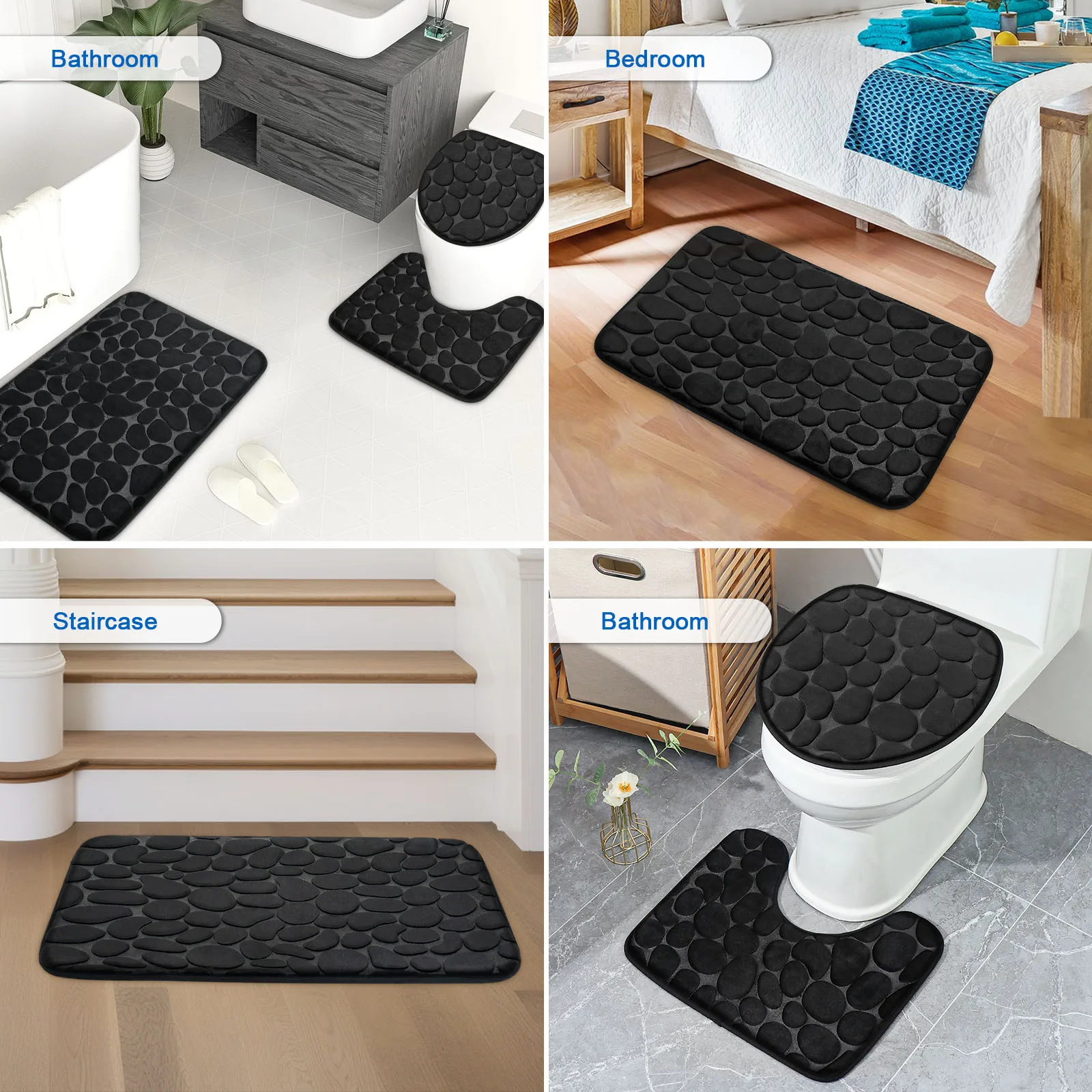 Toilet Seat Cover 3Pcs Set Bath Mat Shower Room Floor Rug Home Bathroom Anti-Slip Absorbent Doormat Pebbles Bathtub Decor Carpet