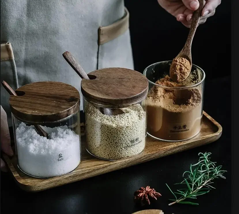 

Glass Seasoning Jar Box With Wooden Lid Storage Tray Kitchen Salt Shaker Home Decor