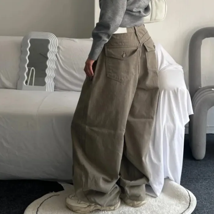 

Retro Brown Pocket Casual Loose Workwear Pants Long Wide Leg Jeans High Waist Denim Cotton Non-Stretch Water Washed