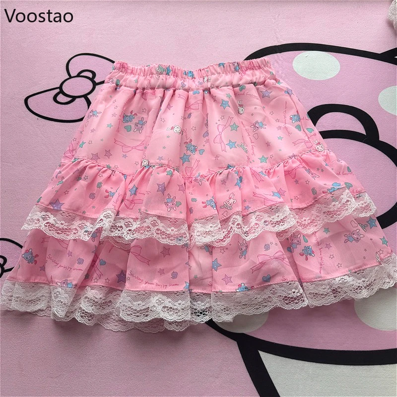 Pink Japanese Sweet Lolita Style Mini Skirt Women Kawaii Cartoon Bunny Bear Print Lace Cake Skirt Y2k Cute Skirts Faldas Mujer