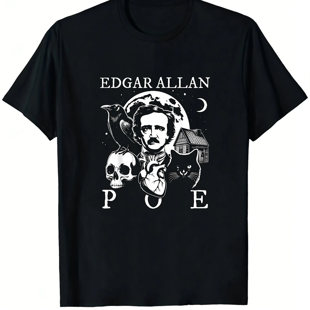 Men's Gothic Literature T-Shirt Edgar Allan Poe Raven Crow Skull Graphic Tee Black White Print Soft Breathable Cotton Shirt