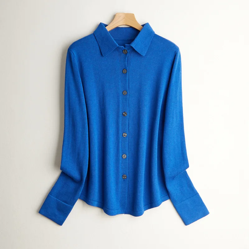 Bild 4: Birdtree 63,9 % Seide 15,9 % Baumwolle Hemd, 2025, Damen Herbst Neue Runde, solide Langarm Pullover Strickblusen T37652QC