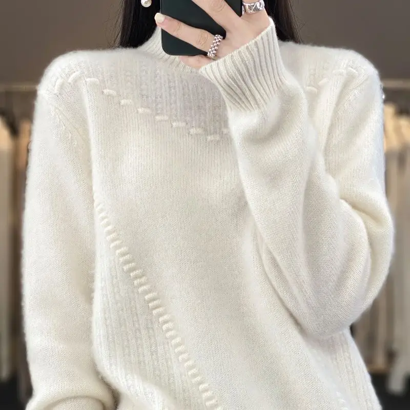 Wool Sweater Women's Autumn and Winter New Loose Slimming and All-Matching Fashion Jacquard Outerwear Bottoming Top