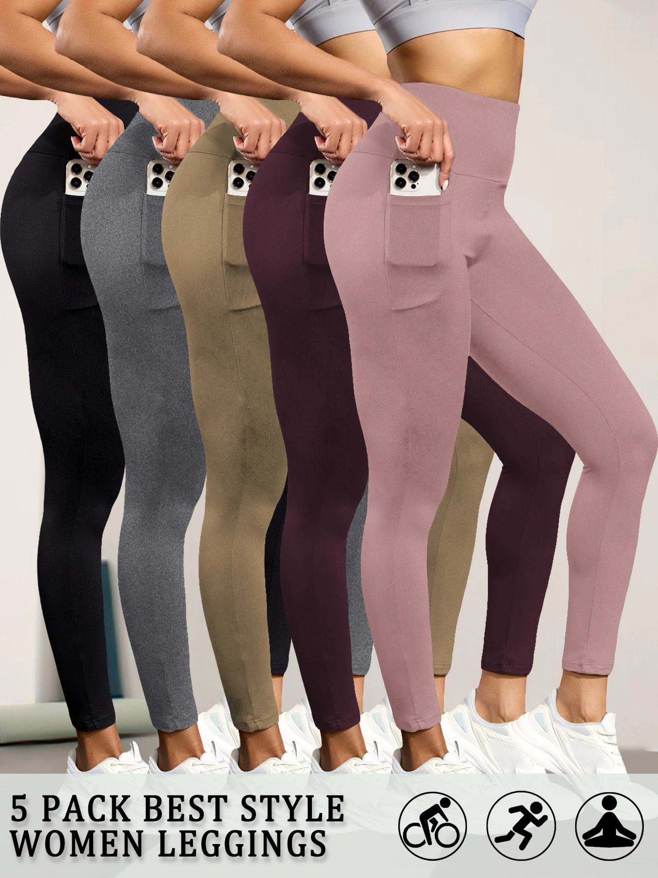 

5 Pack Super Soft Sports Leggings With Pockets For Women High Waisted Workout Yoga Running Tight Pants Push Up Gym Fitness