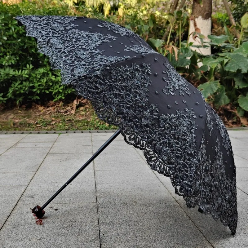 Luxury Golden Lace Embroidered Sun Umbrella, Black Coating Double-layer  Anti UV Protection, Rain And Sunny Dual-use Umbrellas
